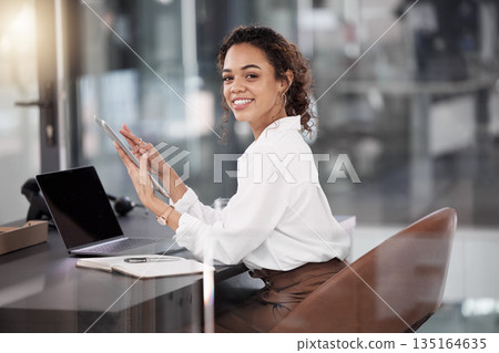 Business woman, portrait and tablet for data, research or social media with smile at the office. Happy female person or employee smiling with technology for communication or networking at workplace Business woman, portrait and tablet for data, research or social media with smile at the office. Happy female person or employee smiling with technology for communication or networking at workplace 135164635