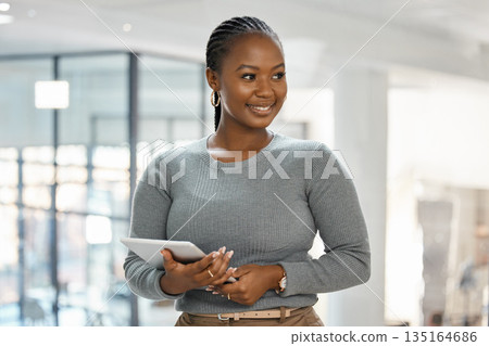 Tablet, business and happy black woman in office for research, internet and browse website. Corporate workplace, professional and female worker on digital tech working on report, project and planning 135164686