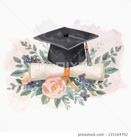 一幅水彩插畫，描繪了一頂畢業帽和畢業證書，周圍環繞著鮮花。 135164702