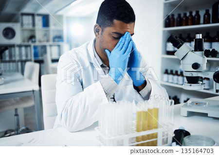 Laboratory, stress and man scientist with headache working in science, frustrated or crisis. Research, fail and male healthcare expert with migraine, anxiety and mistake, burnout or depression in lab 135164703