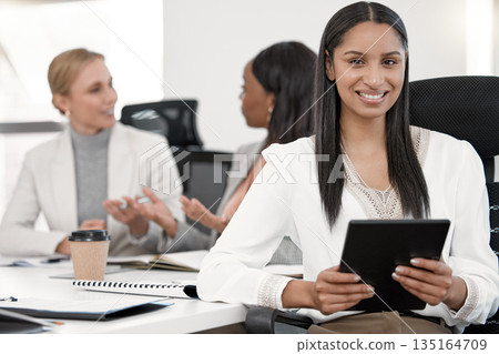 Portrait, business woman and designer with tablet in corporate office meeting. Face, technology and happy female entrepreneur, professional creative and success mindset for leadership, career and job 135164709