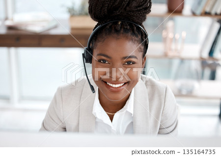 Black woman, call center and portrait smile in customer service, support or telemarketing at office. Happy African female person consultant agent smiling for online advice or telesales at workplace Black woman, call center and portrait smile in customer service, support or telemarketing at office. Happy African female person consultant agent smiling for online advice or telesales at workplace 135164735
