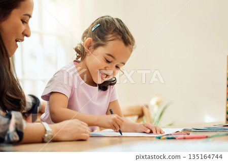 Homework, mom and help girl with learning, education and student writing or home school, study and working on table. Mother, child and work together on math, drawing or parent helping on project 135164744
