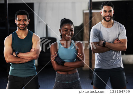 Personal trainer, team portrait or happy people at gym for a workout, exercise or training for healthy fitness. Sports coaches, black woman or instructors with arms crossed or smile in gym studio Personal trainer, team portrait or happy people at gym for a workout, exercise or training for healthy fitness. Sports coaches, black woman or instructors with arms crossed or smile in gym studio 135164799