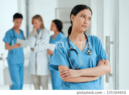 Woman thinking, stress or sad nurse with burnout, anxiety or problem worried by medical emergency. Worry, tired woman or depressed healthcare doctor with grief, fear or depression in hospital clinic Woman thinking, stress or sad nurse with burnout, anxiety or problem worried by medical emergency. Worry, tired woman or depressed healthcare doctor with grief, fear or depression in hospital clinic 135164858