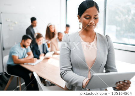 Business woman, smile and tablet with leadership and meeting with group for corporate project. Team leader, management and digital tech with female person in conference room for presentation 135164864