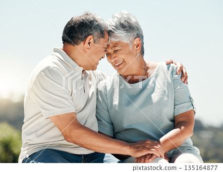 Senior couple, intimate and smile in nature on vacation, holiday or summer bonding. Hug, love and retirement of man and woman with affection, enjoying quality time together and romantic date outdoor. Senior couple, intimate and smile in nature on vacation, holiday or summer bonding. Hug, love and retirement of man and woman with affection, enjoying quality time together and romantic date outdoor. 135164877