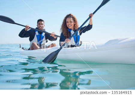 Couple, kayak and rowing boat on a lake, ocean or river for water sports and fitness challenge. Portrait of happy man and woman with a paddle for adventure, exercise or travel in nature with teamwork 135164915