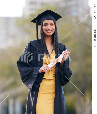 Education, graduation and portrait of woman at college for future, scholarship and achievement. Certificate, university and success with female student for school, diploma and graduate celebration Education, graduation and portrait of woman at college for future, scholarship and achievement. Certificate, university and success with female student for school, diploma and graduate celebration 135164938