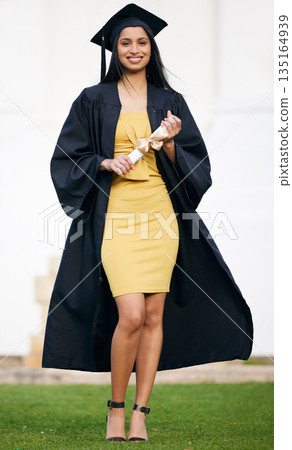 Smile, graduation and portrait of woman at college for future, scholarship and achievement. Certificate, university and success with female student for school, diploma and graduate celebration Smile, graduation and portrait of woman at college for future, scholarship and achievement. Certificate, university and success with female student for school, diploma and graduate celebration 135164939