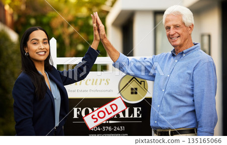 Sold, realtor portrait and people high five for home investment, property sale and retirement success. Real estate agent, landlord woman and senior man hands together for new house poster or board 135165066