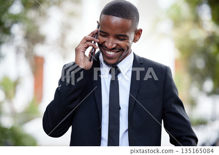 Black man, business and smile on street, phone call and talking on walk for contact, chat or good deal. Happy african businessman, smartphone and talk for networking, sales or stock trading on road Black man, business and smile on street, phone call and talking on walk for contact, chat or good deal. Happy african businessman, smartphone and talk for networking, sales or stock trading on road 135165084