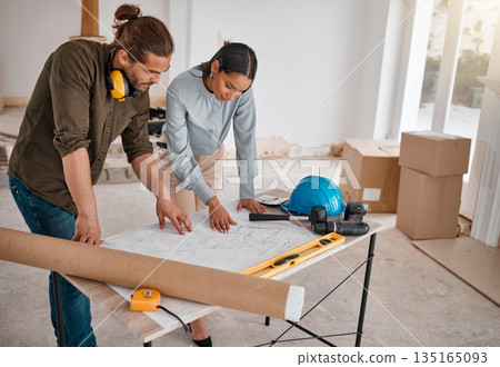 Teamwork, architect and blueprint for planning at construction site. Collaboration, architecture and man and woman with design drawing for engineering, building plan and reading project strategy. Teamwork, architect and blueprint for planning at construction site. Collaboration, architecture and man and woman with design drawing for engineering, building plan and reading project strategy. 135165093
