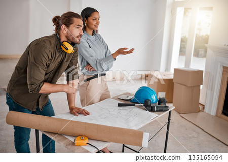 Teamwork, architecture and couple with blueprint in new home, property or construction site. Document, architects and man and woman with design for engineering, building and planning for real estate. 135165094