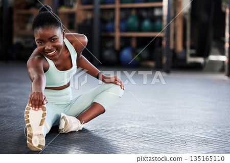 Fitness, portrait or girl stretching legs for gym workout routine or body movement for wellness. Happy, athlete or healthy black woman smiling in exercise training warm up for flexibility or mobility 135165110