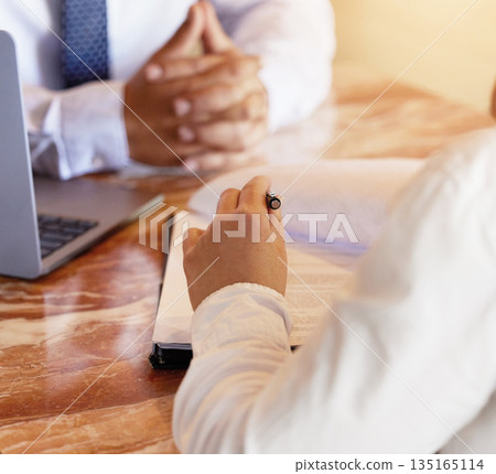 Hands, notebook and writing with a human resources meeting for a job opportunity or vacancy. Flare, interview and recruitment with an hr manager hiring a candidate for business growth or development Hands, notebook and writing with a human resources meeting for a job opportunity or vacancy. Flare, interview and recruitment with an hr manager hiring a candidate for business growth or development 135165114