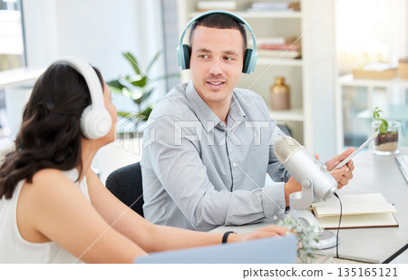 Communication, man or woman live streaming podcast media, online radio or broadcast network together. Influencer hosts, teamwork or journalist reporters listening, talking or speaking of live news Communication, man or woman live streaming podcast media, online radio or broadcast network together. Influencer hosts, teamwork or journalist reporters listening, talking or speaking of live news 135165121