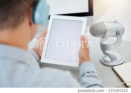 Mockup on tablet, microphone or man on a podcast, online radio or or live streaming on broadcast network. Influencer host, mockup space or reporter reading or speaking of digital news blog on screen Mockup on tablet, microphone or man on a podcast, online radio or or live streaming on broadcast network. Influencer host, mockup space or reporter reading or speaking of digital news blog on screen 135165132