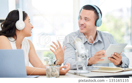 Tablet, man or woman live streaming podcast media, online radio or broadcast network speaking together. Influencer host, teamwork or journalist reporters listening or speaking of live news on blog 135165135