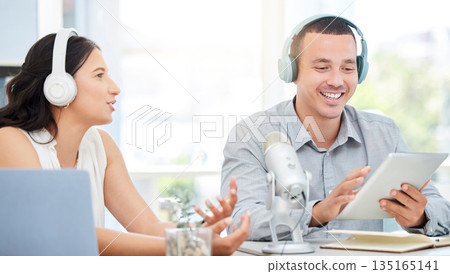 Tablet, happy man or woman live streaming podcast media, online radio or broadcast network. Influencer host, teamwork or journalist reporter talking or speaking of live digital news on blog together 135165141