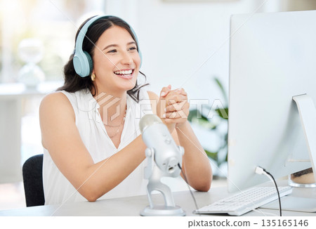 Headphones, microphone or happy woman streaming a podcast media, online radio or network. Influencer host, broadcast or journalist reporter talking, recording or speaking of live news on computer 135165146