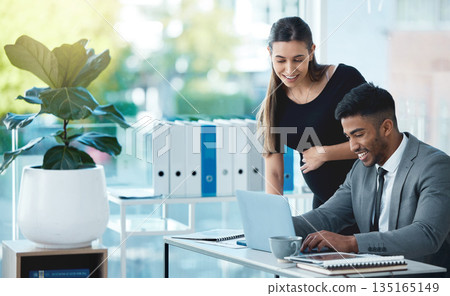 Pregnant business woman, man and talking in office for typing, coaching and smile in finance company. Businessman, accounting or partnership with pregnancy, happy and teamwork with hand on stomach 135165149
