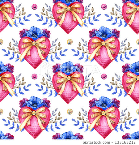 Seamless watercolor pattern with romantic heart shapes decorated with bows, blue anemone flowers, and delicate leaves. Hand painted floral illustration for Valentine s Day, love themed designs, and 135165212