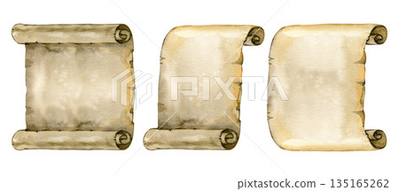 Hand-painted watercolor set of antique parchment scrolls with rolled edges and aged paper texture. A versatile vintage collection perfect for historical designs, manuscripts, fantasy stories 135165262