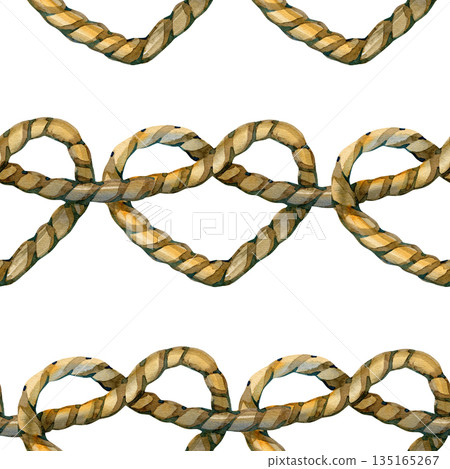 Elegant watercolor seamless pattern featuring repeating rows of thick hemp rope tied into heart-shaped knots set. Hand-painted nautical design with realistic textures. Elegant watercolor seamless pattern featuring repeating rows of thick hemp rope tied into heart-shaped knots set. Hand-painted nautical design with realistic textures. 135165267