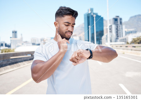 Fitness, man and watch in city for pulse, heart rate or checking performance after workout or exercise. Fit, active and sporty male person, athlete or runner looking at wristwatch for cardio health Fitness, man and watch in city for pulse, heart rate or checking performance after workout or exercise. Fit, active and sporty male person, athlete or runner looking at wristwatch for cardio health 135165301