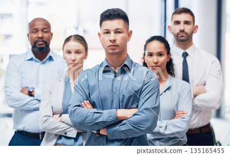 Arms crossed, group of business people in portrait at startup with confidence and pride at project management company. Teamwork, commitment and vision team with leadership mindset in office together. Arms crossed, group of business people in portrait at startup with confidence and pride at project management company. Teamwork, commitment and vision team with leadership mindset in office together. 135165455