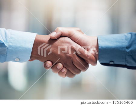 Thank you, businesspeople shaking hands and at office of their workplace together. Partnership or agreement, crm or interview and professional people with a handshake for greeting at their work 135165460