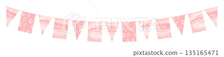 Soft pink pennant banner garland with triangular flags hanging in gentle curve for party celebration baby girl event fair carnival decoration isolated on white background watercolor style Soft pink pennant banner garland with triangular flags hanging in gentle curve for party celebration baby girl event fair carnival decoration isolated on white background watercolor style 135165471
