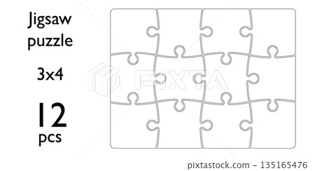 Blank jigsaw puzzle with twelve pieces arranged in clean 3x4 rectangle grid minimal white outline template for game design infographic structure picture frame and modular parts 135165476