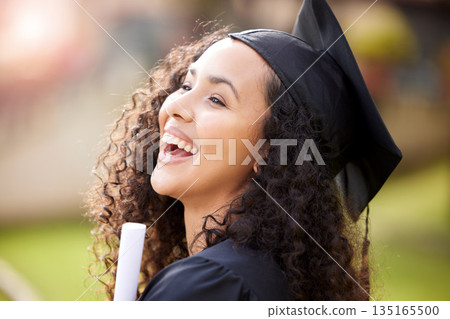 University graduate, woman portrait and laugh with school achievement outdoor with smile and diploma. Female person, education certificate and campus with student and happiness from study success 135165500
