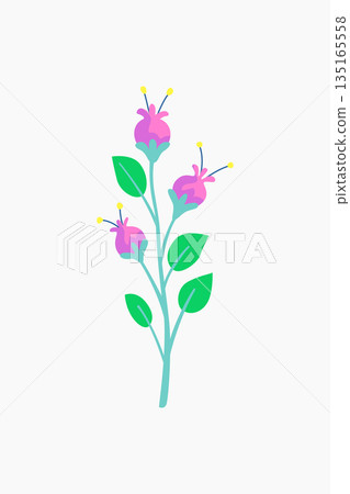Delicate Floral Illustration with Pink Flowers and Green Leaves Design 135165558