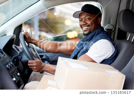 Portrait, box and black man with a delivery, vehicle and happiness with ecommerce, logistics and shipping. Face, male person and employee with a package, car and retail item with courier and supplier Portrait, box and black man with a delivery, vehicle and happiness with ecommerce, logistics and shipping. Face, male person and employee with a package, car and retail item with courier and supplier 135165617