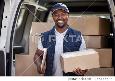 Delivery man, transport and black man with a box and smile outdoor for shipping or courier service. Portrait of happy african person or driver with cardboard package at van from commercial supplier 135165622