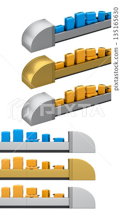 Set of Airport luggage conveyor belt or baggage claim area with suitcases on white. 135165630