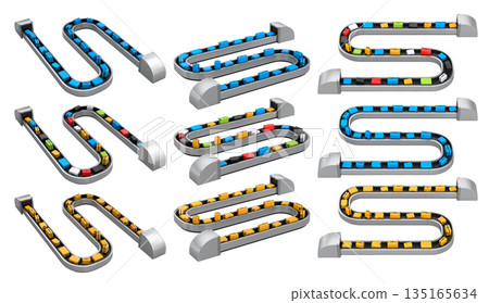 Set of Airport luggage conveyor belt or baggage claim area with suitcases on white. 135165634