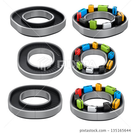 Set of Airport luggage conveyor belt or baggage claim area with suitcases on white. Set of Airport luggage conveyor belt or baggage claim area with suitcases on white. 135165644