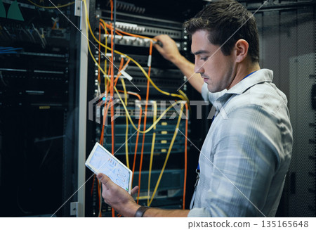 Server room, engineer and man working with a tablet for programming, cybersecurity or cable maintenance. Technician person in a datacenter for network, software or system upgrade with technology app Server room, engineer and man working with a tablet for programming, cybersecurity or cable maintenance. Technician person in a datacenter for network, software or system upgrade with technology app 135165648