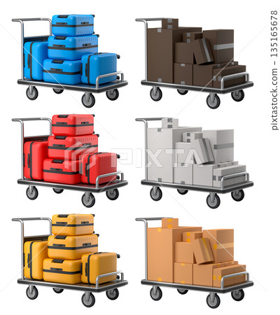 Set of suitcase and boxes on airport trolley cart for carrying baggage on white background 135165678