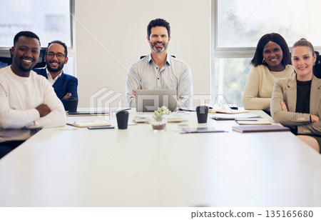 Business people, portrait and meeting for teamwork, planning or brainstorming together at the office. Happy group of employee workers with smile for team project, strategy or discussion in boardroom Business people, portrait and meeting for teamwork, planning or brainstorming together at the office. Happy group of employee workers with smile for team project, strategy or discussion in boardroom 135165680