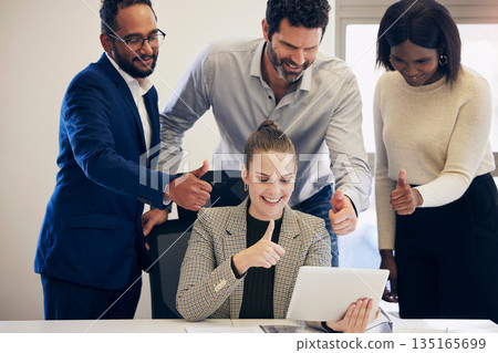 Business people, tablet and video call with thumbs up for winning, promotion or team approval at office. Group of happy employees on technology in virtual meeting with thumb emoji, yes sign or like Business people, tablet and video call with thumbs up for winning, promotion or team approval at office. Group of happy employees on technology in virtual meeting with thumb emoji, yes sign or like 135165699
