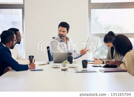 Businessman, documents and coaching in boardroom meeting for team project, planning or strategy at office. Business people, coach and training staff with paperwork or document for plan at workplace Businessman, documents and coaching in boardroom meeting for team project, planning or strategy at office. Business people, coach and training staff with paperwork or document for plan at workplace 135165704