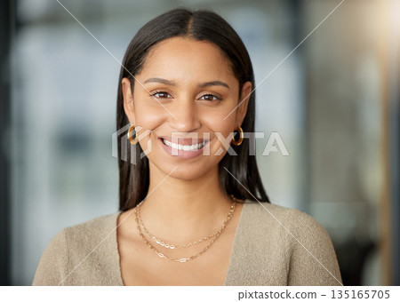 Portrait, smile and business woman, designer or professional in office workplace. Face, creative and happy female entrepreneur, graphic design and person from India with pride for career or job. Portrait, smile and business woman, designer or professional in office workplace. Face, creative and happy female entrepreneur, graphic design and person from India with pride for career or job. 135165705
