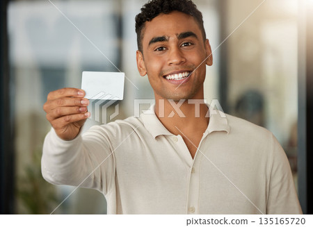 Portrait of happy man showing business card, networking and branding info for company in modern office. Business man with smile, blank white company info and professional information exchange at work Portrait of happy man showing business card, networking and branding info for company in modern office. Business man with smile, blank white company info and professional information exchange at work 135165720
