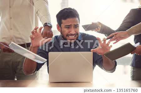 Stress, laptop and business man multitasking, overworked and challenge in office. Burnout, problem and frustrated male person on computer with crisis, fail and anxiety, chaos and working on deadline. 135165760