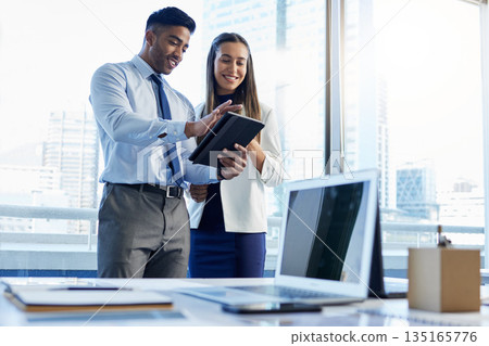 Business man, woman and tablet in team discussion, planning or schedule with secretary in modern office. Indian businessman, touchscreen and data analysis with partner, receptionist or manager at job 135165776